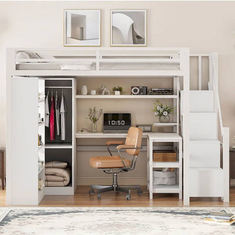 Lit mezzanine blanc avec bureau, armoire et escalier intégré, lit mezzanine en métal avec ports USB et étagère à 5 niveaux pour adultes et enfants