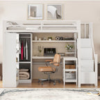 Lit mezzanine blanc avec bureau, armoire et escalier intégré, lit mezzanine en métal avec ports USB et étagère à 5 niveaux pour adultes et enfants