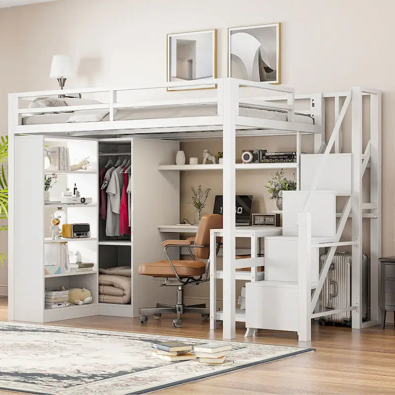 Lit mezzanine blanc avec bureau, armoire et escalier intégré, lit mezzanine en métal avec ports USB et étagère à 5 niveaux pour adultes et enfants