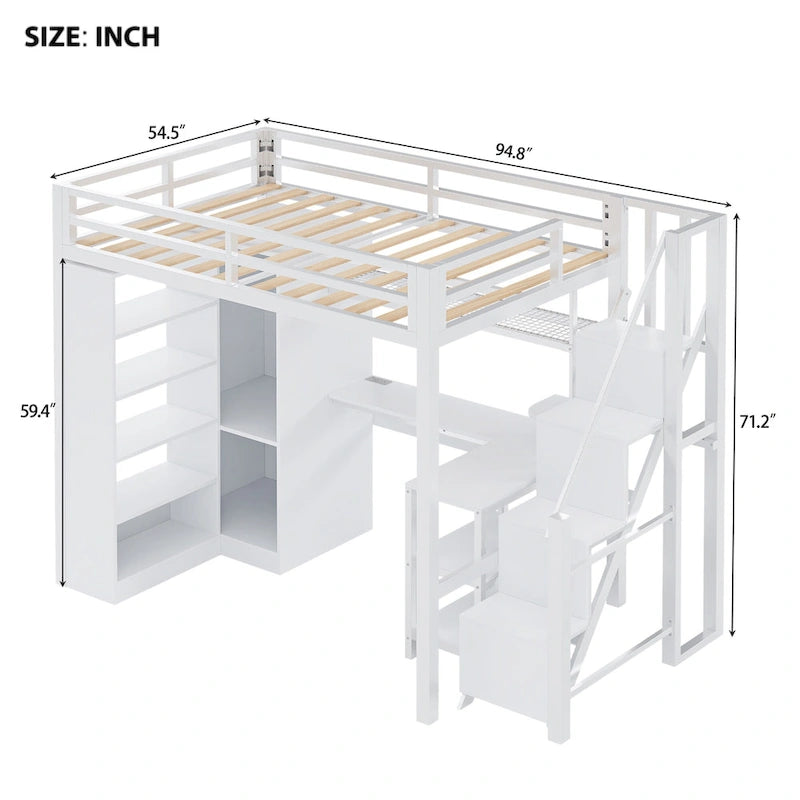 Lit mezzanine blanc avec bureau, armoire et escalier intégré, lit mezzanine en métal avec ports USB et étagère à 5 niveaux pour adultes et enfants