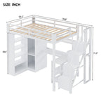 Lit mezzanine blanc avec bureau, armoire et escalier intégré, lit mezzanine en métal avec ports USB et étagère à 5 niveaux pour adultes et enfants