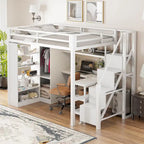 Lit mezzanine blanc avec bureau, armoire et escalier intégré, lit mezzanine en métal avec ports USB et étagère à 5 niveaux pour adultes et enfants