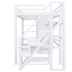Lit mezzanine blanc avec bureau, armoire et escalier intégré, lit mezzanine en métal avec ports USB et étagère à 5 niveaux pour adultes et enfants