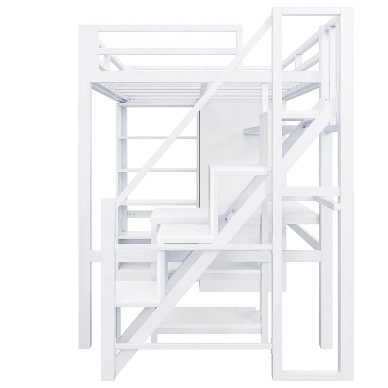 Lit mezzanine blanc avec bureau, armoire et escalier intégré, lit mezzanine en métal avec ports USB et étagère à 5 niveaux pour adultes et enfants