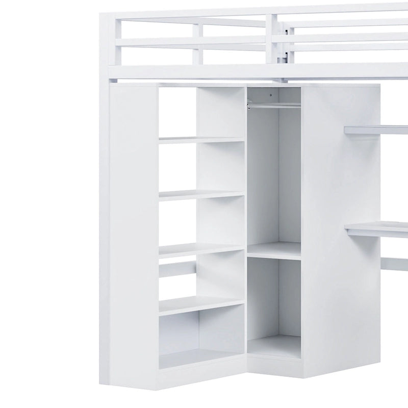 Lit mezzanine blanc avec bureau, armoire et escalier intégré, lit mezzanine en métal avec ports USB et étagère à 5 niveaux pour adultes et enfants