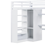 Lit mezzanine blanc avec bureau, armoire et escalier intégré, lit mezzanine en métal avec ports USB et étagère à 5 niveaux pour adultes et enfants
