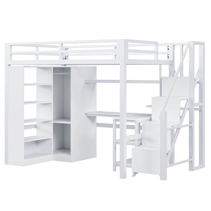 Lit mezzanine blanc avec bureau, armoire et escalier intégré, lit mezzanine en métal avec ports USB et étagère à 5 niveaux pour adultes et enfants