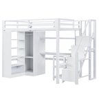 Lit mezzanine blanc avec bureau, armoire et escalier intégré, lit mezzanine en métal avec ports USB et étagère à 5 niveaux pour adultes et enfants