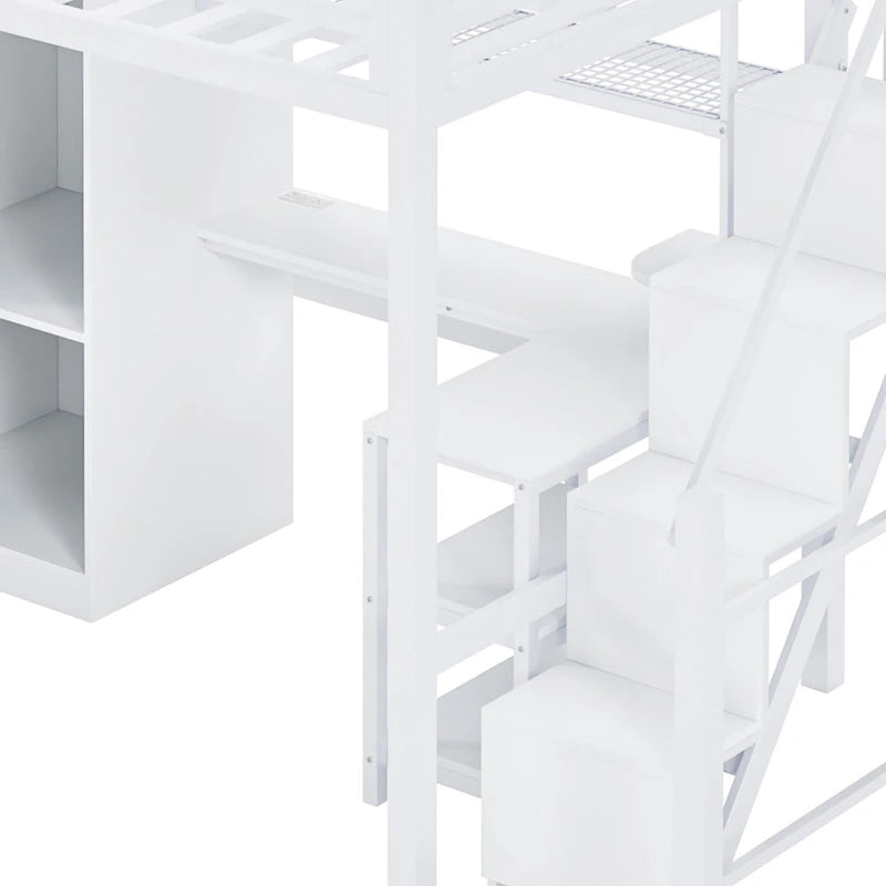 Lit mezzanine blanc avec bureau, armoire et escalier intégré, lit mezzanine en métal avec ports USB et étagère à 5 niveaux pour adultes et enfants