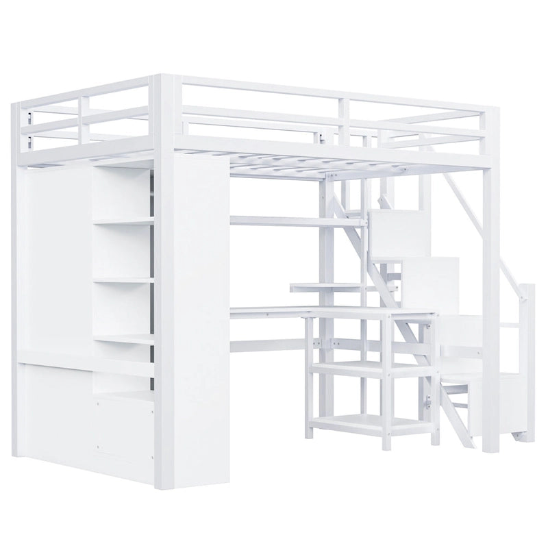 Lit mezzanine blanc avec bureau, armoire et escalier intégré, lit mezzanine en métal avec ports USB et étagère à 5 niveaux pour adultes et enfants