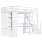 Lit mezzanine blanc avec bureau, armoire et escalier intégré, lit mezzanine en métal avec ports USB et étagère à 5 niveaux pour adultes et enfants