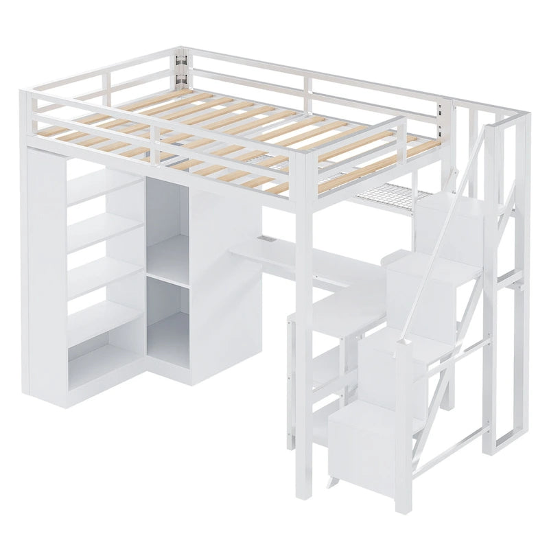 Lit mezzanine blanc avec bureau, armoire et escalier intégré, lit mezzanine en métal avec ports USB et étagère à 5 niveaux pour adultes et enfants