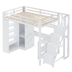 Lit mezzanine blanc avec bureau, armoire et escalier intégré, lit mezzanine en métal avec ports USB et étagère à 5 niveaux pour adultes et enfants