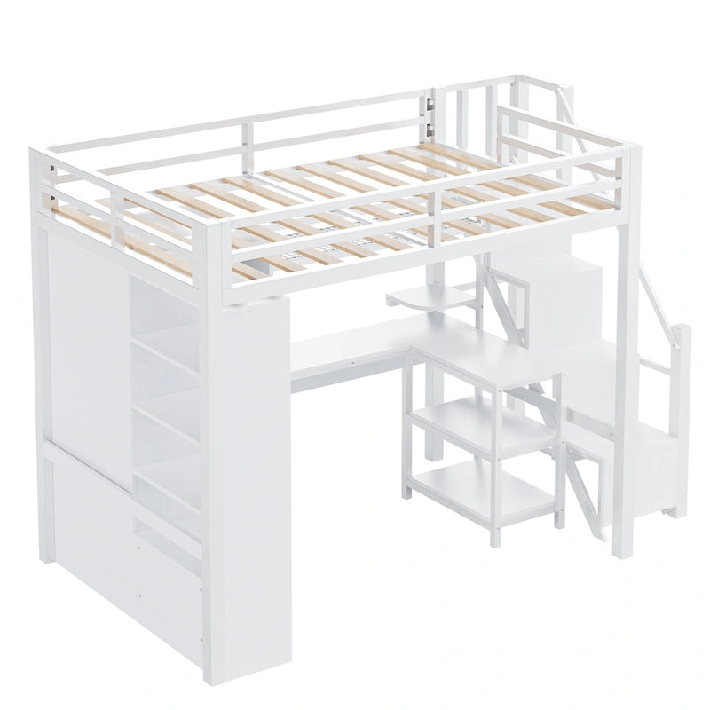 Lit mezzanine blanc avec bureau, armoire et escalier intégré, lit mezzanine en métal avec ports USB et étagère à 5 niveaux pour adultes et enfants