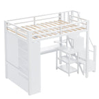 Lit mezzanine blanc avec bureau, armoire et escalier intégré, lit mezzanine en métal avec ports USB et étagère à 5 niveaux pour adultes et enfants