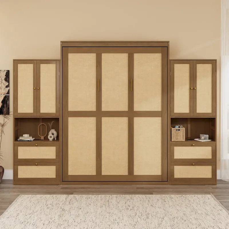 Armoire-lit escamotable en bois massif et rotin, grand format, avec 2 étagères de rangement latérales