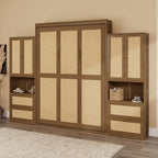Armoire-lit escamotable en bois massif et rotin, grand format, avec 2 étagères de rangement latérales