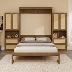 Armoire-lit escamotable en bois massif et rotin, grand format, avec 2 étagères de rangement latérales