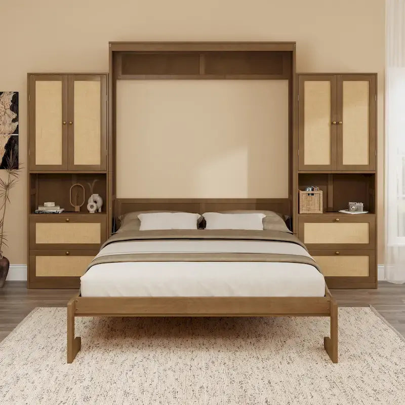 Armoire-lit escamotable en bois massif et rotin, grand format, avec 2 étagères de rangement latérales