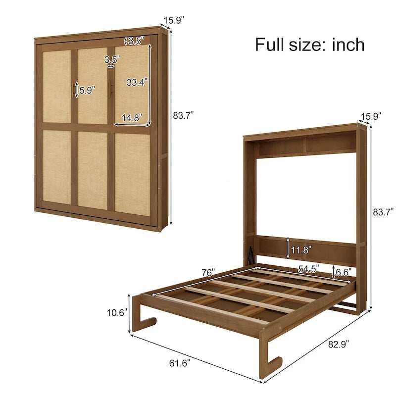Armoire-lit escamotable en bois massif et rotin, grand format, avec 2 étagères de rangement latérales