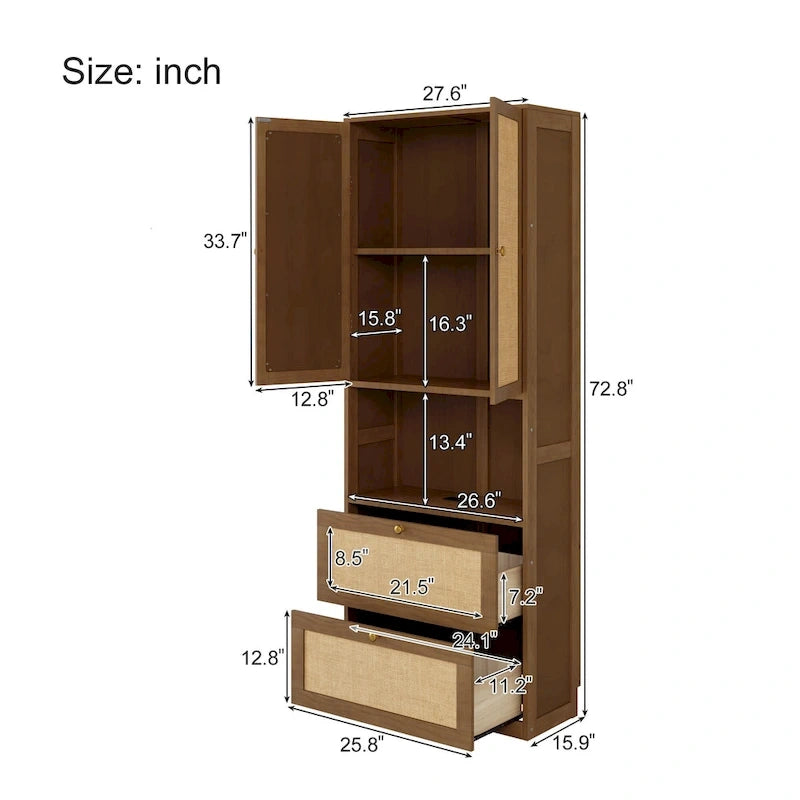 Armoire-lit escamotable en bois massif et rotin, grand format, avec 2 étagères de rangement latérales