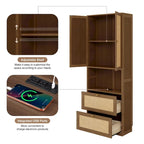 Armoire-lit escamotable en bois massif et rotin, grand format, avec 2 étagères de rangement latérales