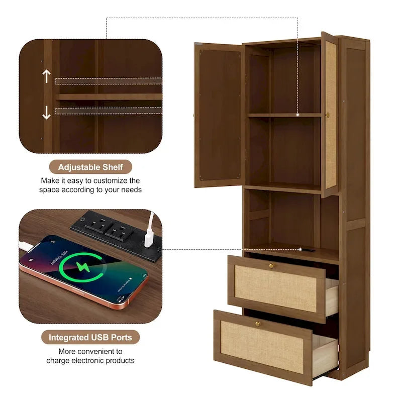 Armoire-lit escamotable en bois massif et rotin, grand format, avec 2 étagères de rangement latérales
