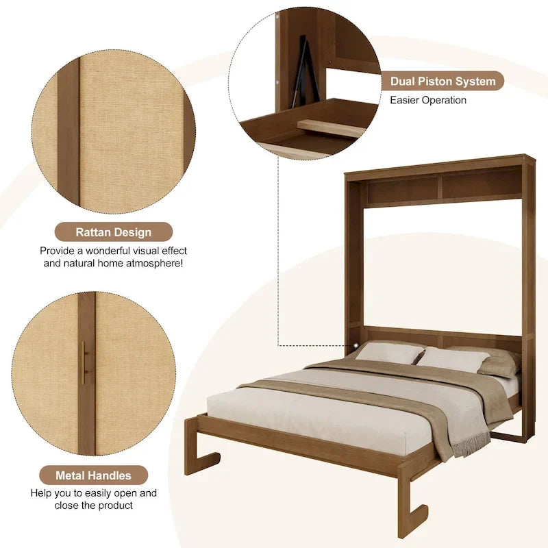 Armoire-lit escamotable en bois massif et rotin, grand format, avec 2 étagères de rangement latérales