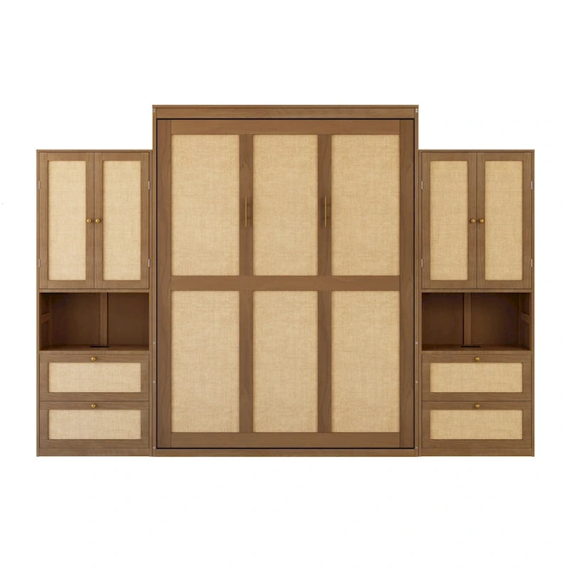 Armoire-lit escamotable en bois massif et rotin, grand format, avec 2 étagères de rangement latérales