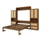 Armoire-lit escamotable en bois massif et rotin, grand format, avec 2 étagères de rangement latérales