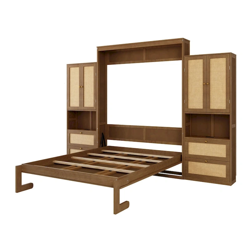 Armoire-lit escamotable en bois massif et rotin, grand format, avec 2 étagères de rangement latérales