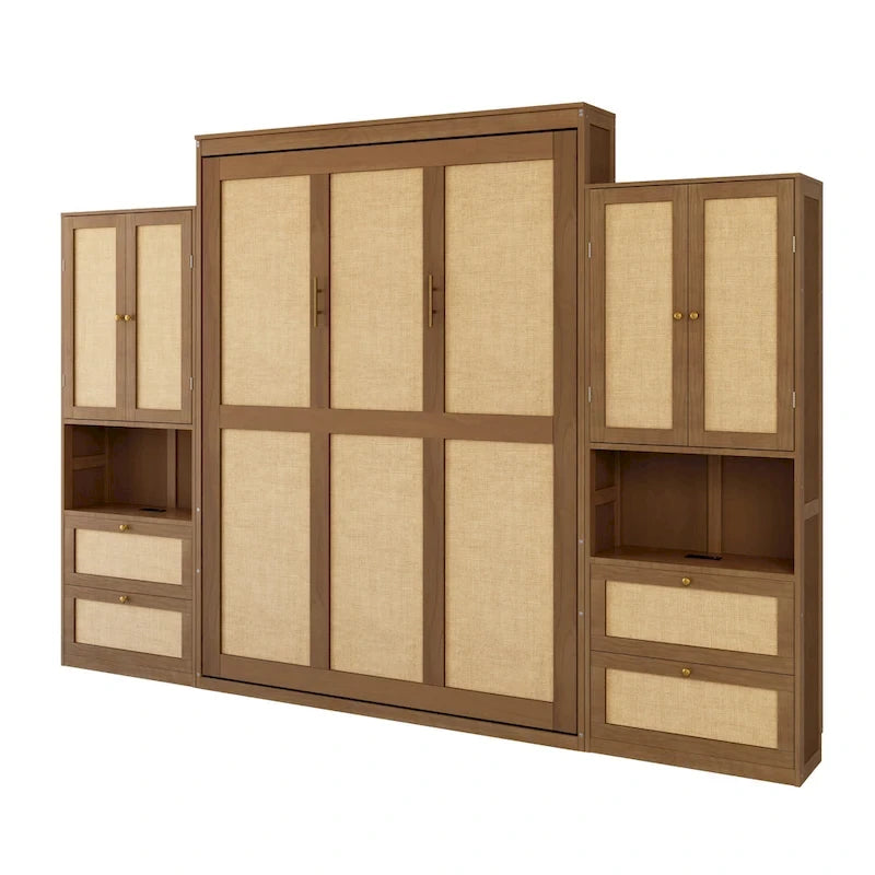 Armoire-lit escamotable en bois massif et rotin, grand format, avec 2 étagères de rangement latérales