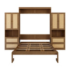 Armoire-lit escamotable en bois massif et rotin, grand format, avec 2 étagères de rangement latérales
