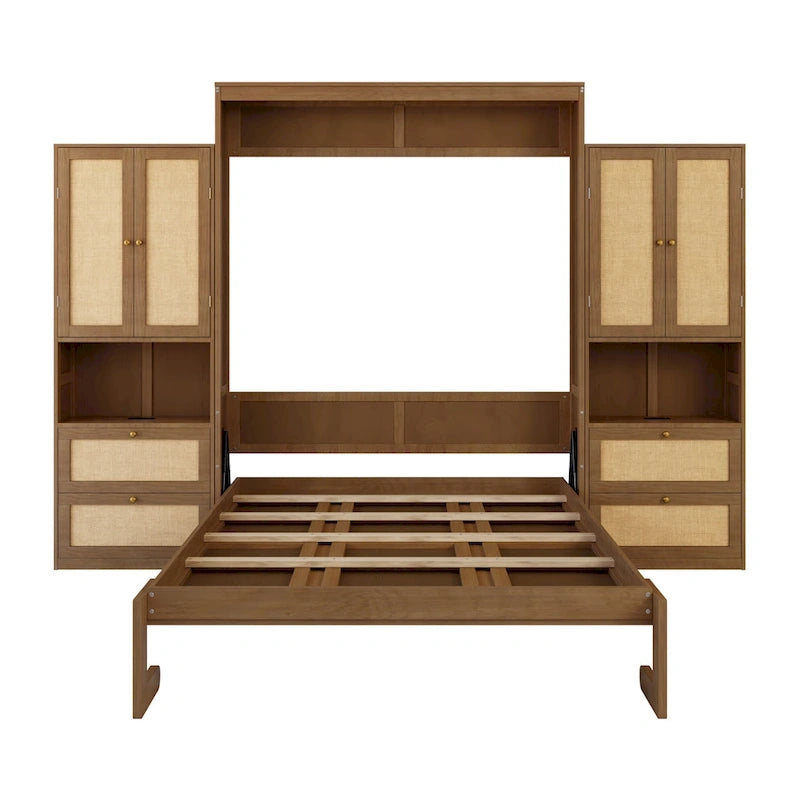 Armoire-lit escamotable en bois massif et rotin, grand format, avec 2 étagères de rangement latérales