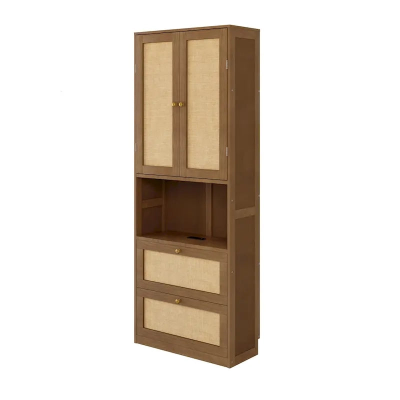 Armoire-lit escamotable en bois massif et rotin, grand format, avec 2 étagères de rangement latérales