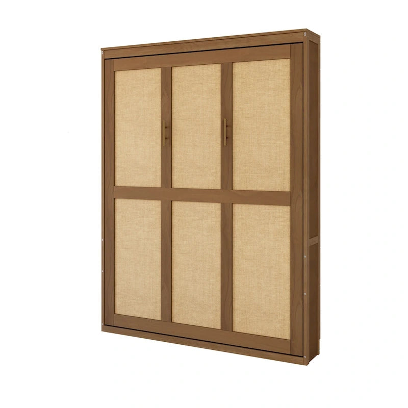 Armoire-lit escamotable en bois massif et rotin, grand format, avec 2 étagères de rangement latérales