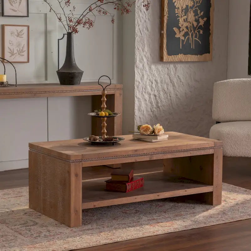 Rectangle Coffee Table with Solid Wood for Living Room, Large 2-Tier Rustic Coffee Table with Storage Shelf