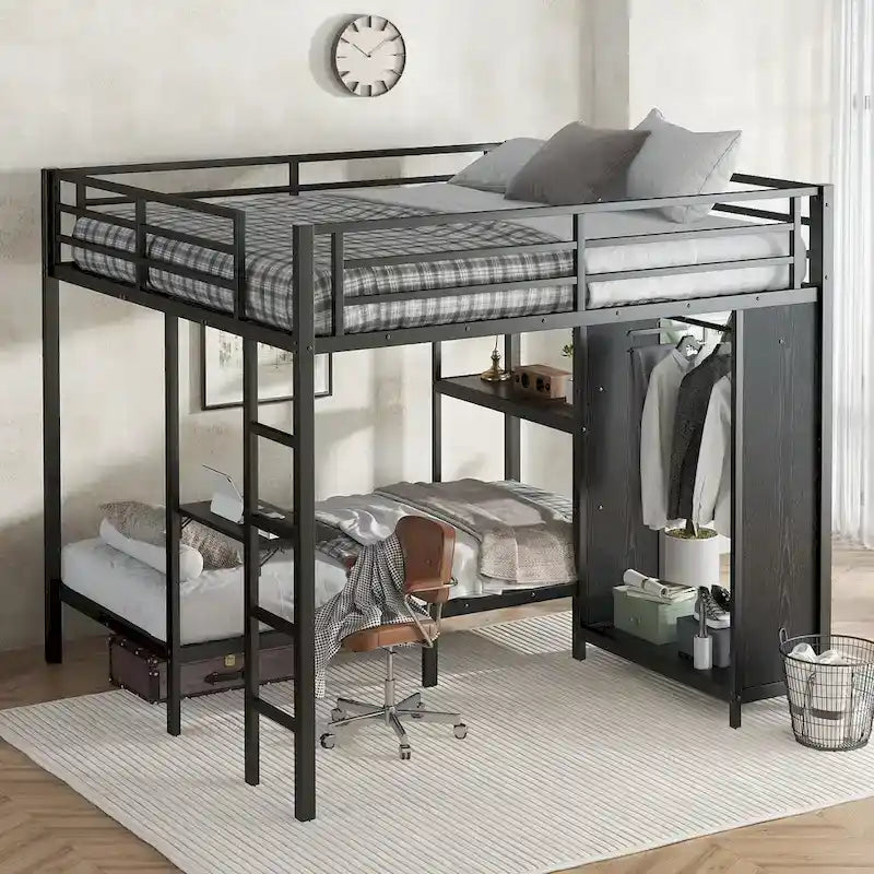 Lit superposé King over Twin XL avec armoire intégrée, lit superposé en métal avec bureau pliant et, Noir
