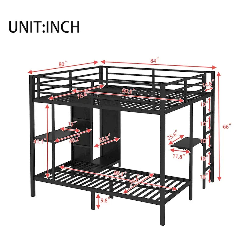 Lit superposé King over Twin XL avec armoire intégrée, lit superposé en métal avec bureau pliant et, Noir