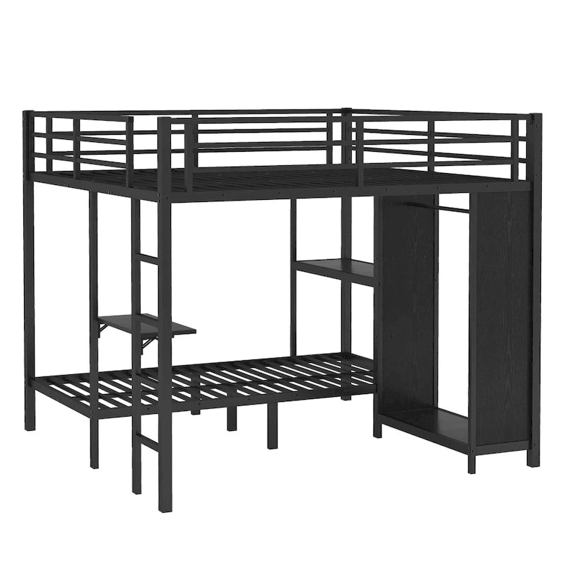 Lit superposé King over Twin XL avec armoire intégrée, lit superposé en métal avec bureau pliant et, Noir