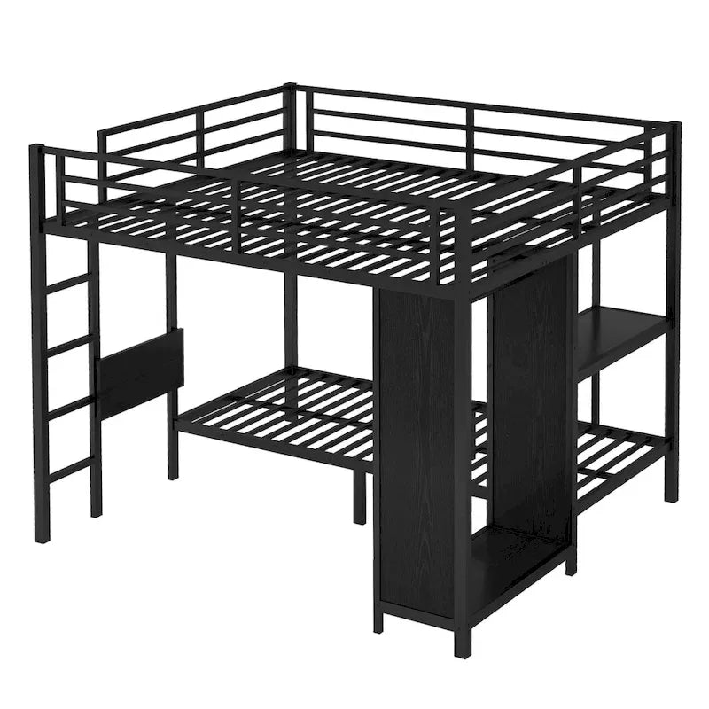 Lit superposé King over Twin XL avec armoire intégrée, lit superposé en métal avec bureau pliant et, Noir