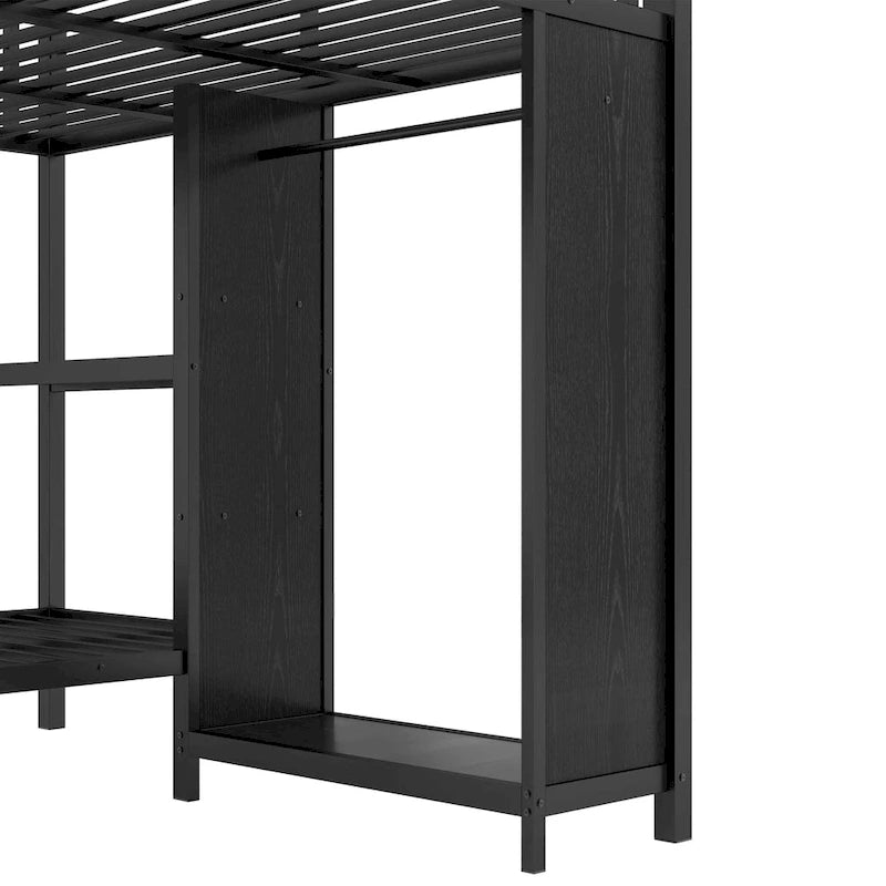 Lit superposé King over Twin XL avec armoire intégrée, lit superposé en métal avec bureau pliant et, Noir