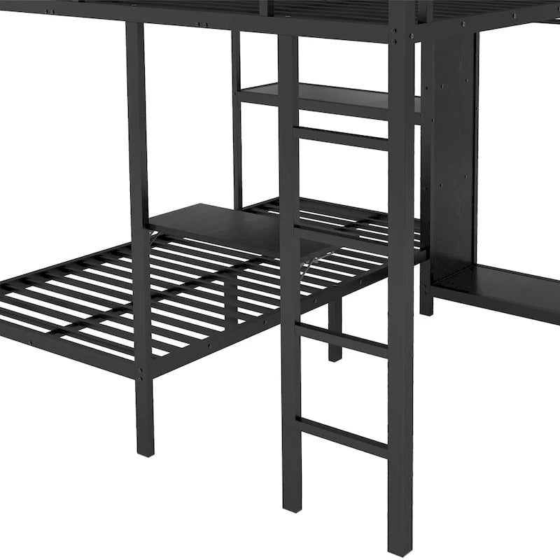 Lit superposé King over Twin XL avec armoire intégrée, lit superposé en métal avec bureau pliant et, Noir