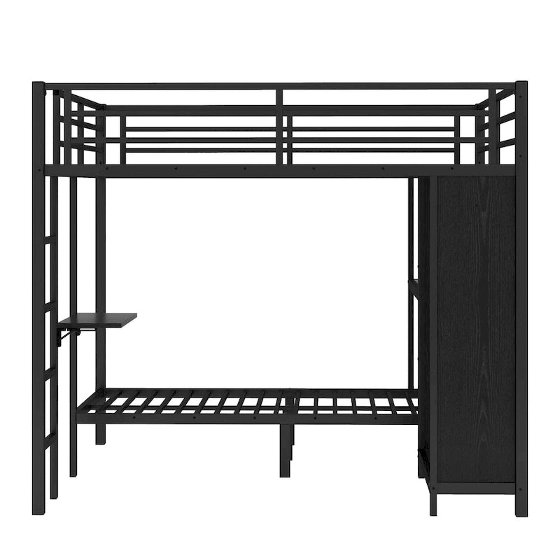 Lit superposé King over Twin XL avec armoire intégrée, lit superposé en métal avec bureau pliant et, Noir
