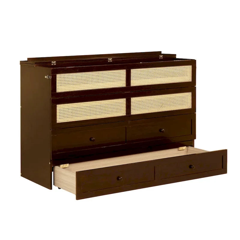 Lit escamotable Queen Size, Lit-armoire en pin avec décoration en rotin et tiroir de rangement, Noyer