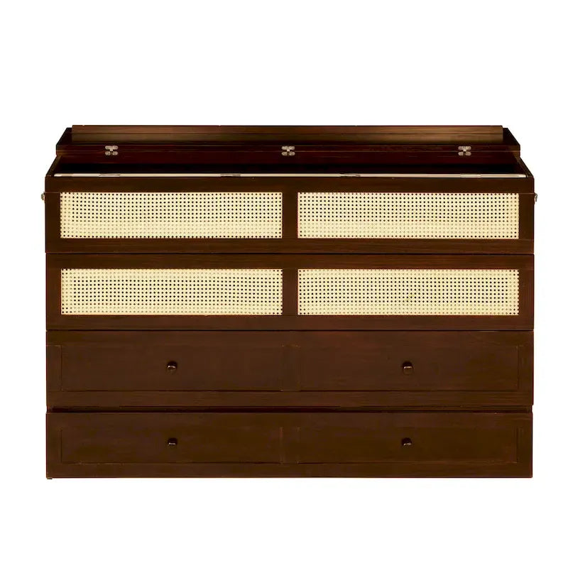 Lit escamotable Queen Size, Lit-armoire en pin avec décoration en rotin et tiroir de rangement, Noyer