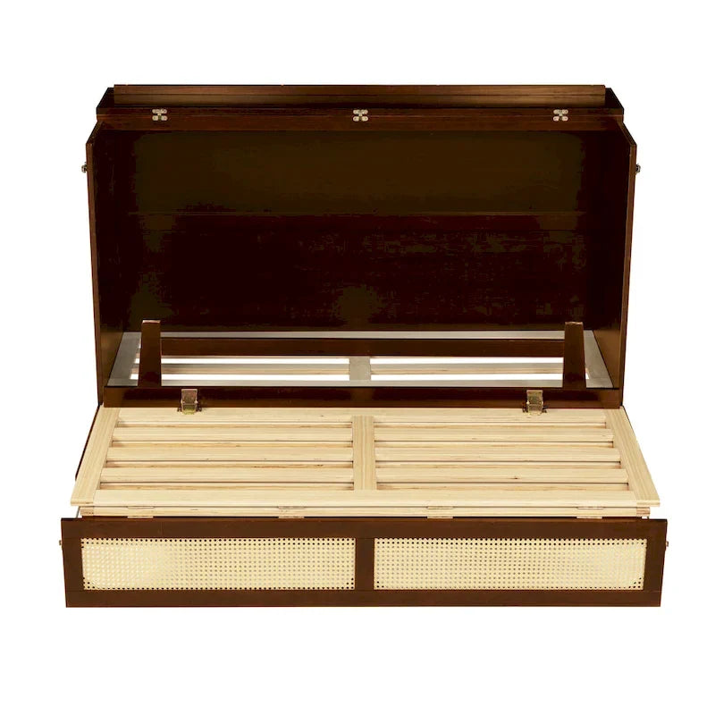 Lit escamotable Queen Size, Lit-armoire en pin avec décoration en rotin et tiroir de rangement, Noyer