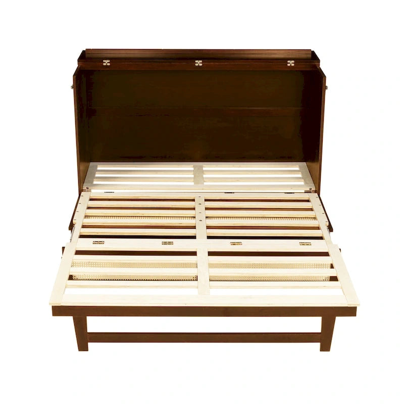 Lit escamotable Queen Size, Lit-armoire en pin avec décoration en rotin et tiroir de rangement, Noyer