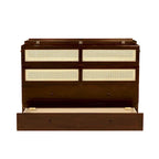 Lit escamotable Queen Size, Lit-armoire en pin avec décoration en rotin et tiroir de rangement, Noyer