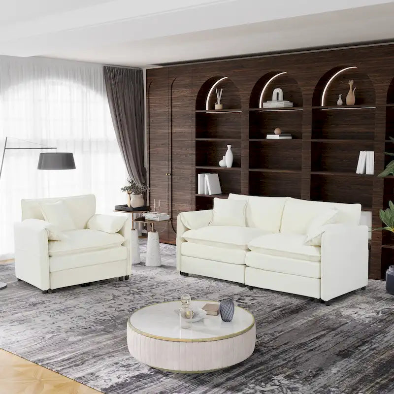 Ensemble canapé et fauteuil nuage en chenille 3 pièces avec sièges profonds et 3 oreillers